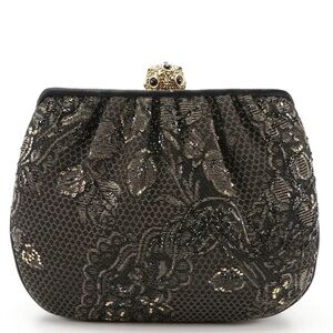 Judith Leiber Floral Lace Rhinestone Clutch Sparkle Evening Bag Black Gold